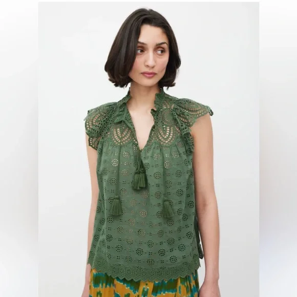 Ulla Johnson Green Ruffle Cap Sleeve Blouse - Picture 1 of 8